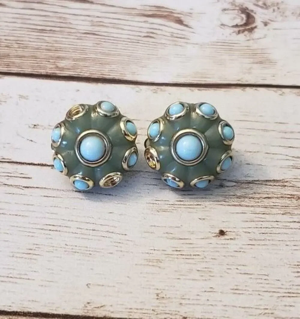 Vintage Clip On Earrings Dainty Green & Turquoise Tones - Some Stones Missing
